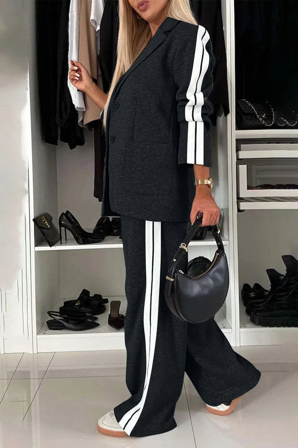 Full Size Contrast Lapel Collar Top and Pants Set - Modanista Fashion