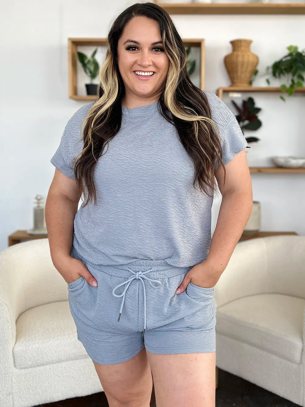 Double Take Full Size Texture Short Sleeve T-Shirt and Drawstring Shorts Set - Modanista Fashion
