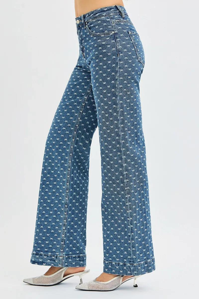 RISEN High Rise Wide Leg Bow Embroidered Jeans - Modanista Fashion