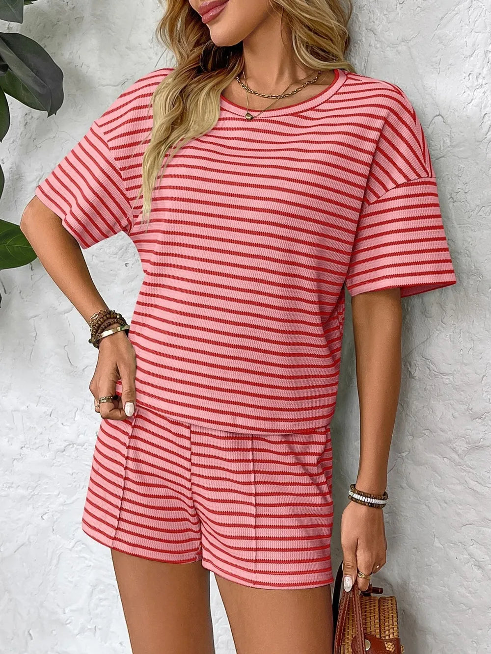 Striped Round Neck Short Sleeve Top and Shorts Set - Modanista Fashion