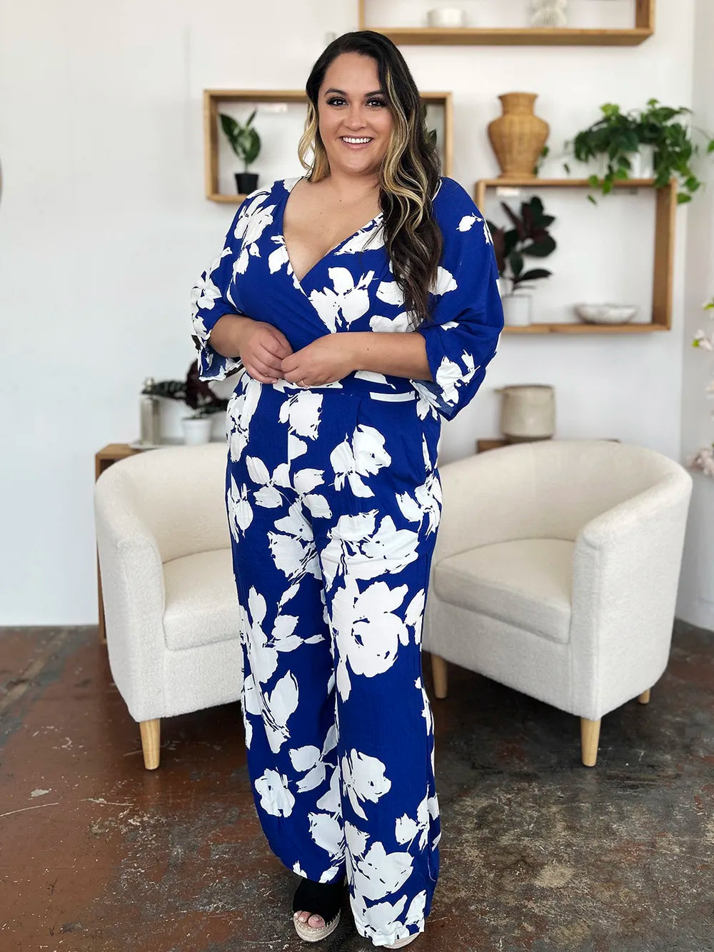 Double Take Full Size Printed Tie Back Wide Leg Jumpsuit - Modanista Fashion