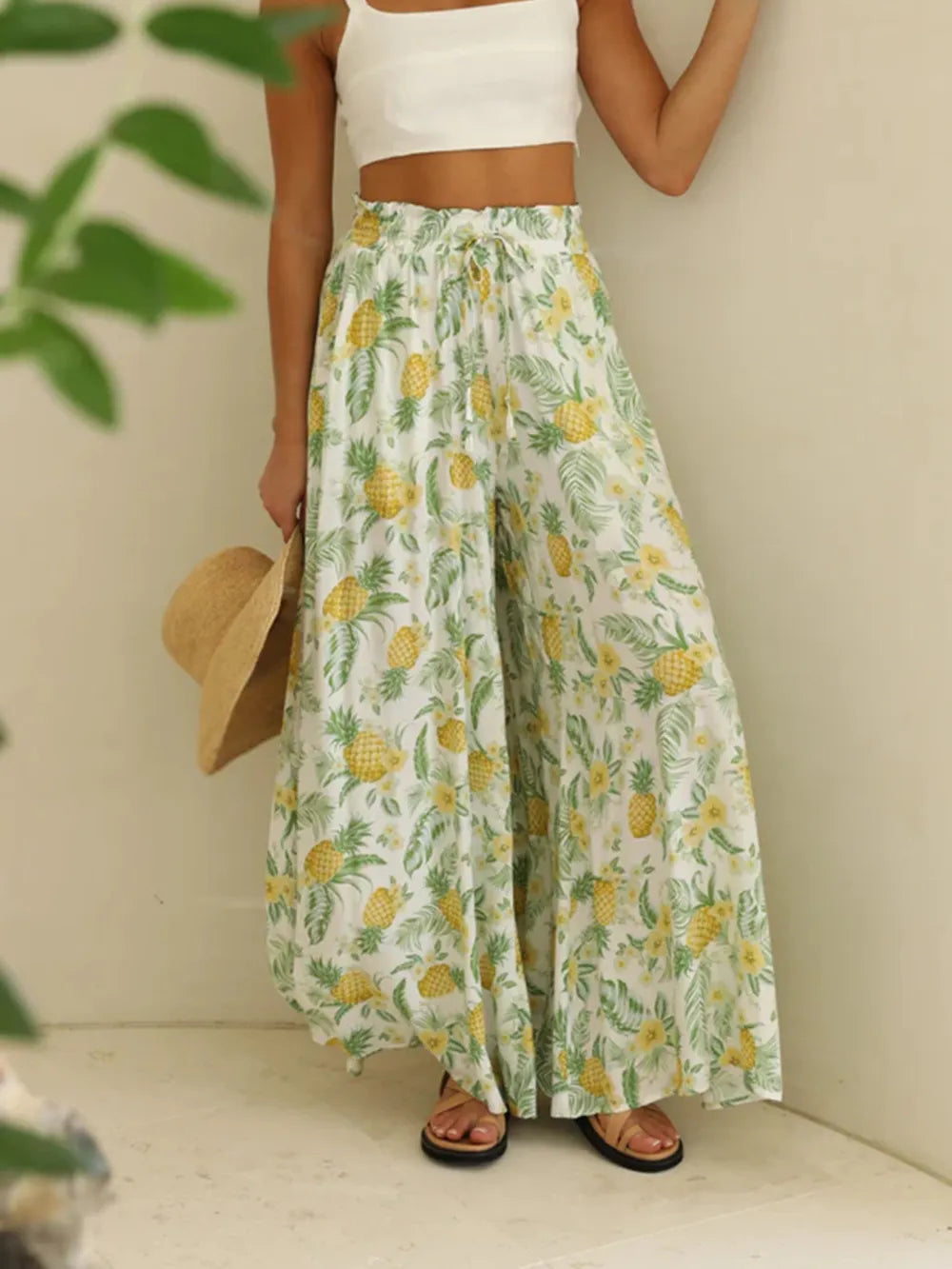 Drawstring Paperbag Waist Printed Wide Leg Pants - Modanista Fashion