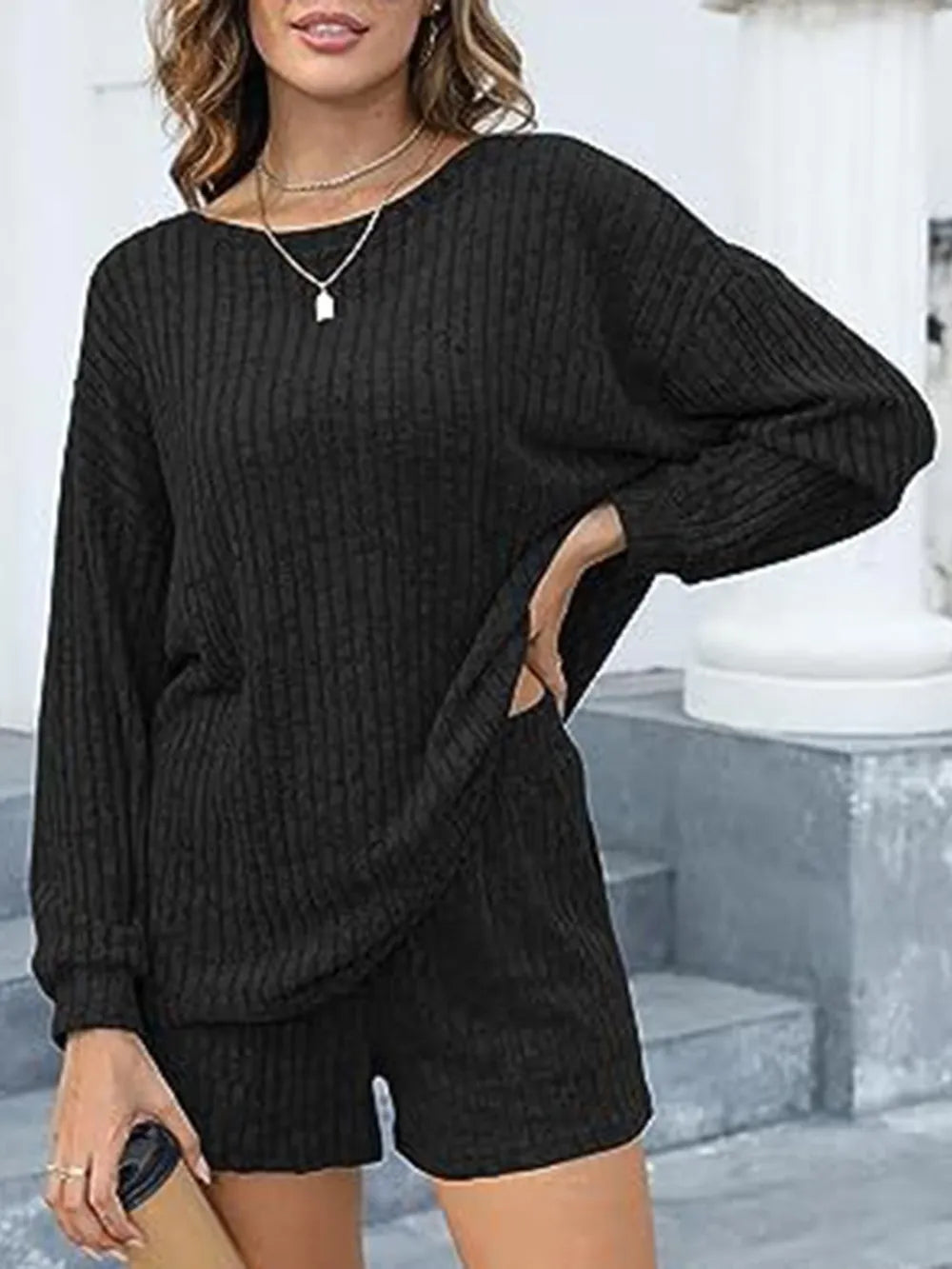 Round Neck Dropped Shoulder Top and Shorts Set - Modanista Fashion