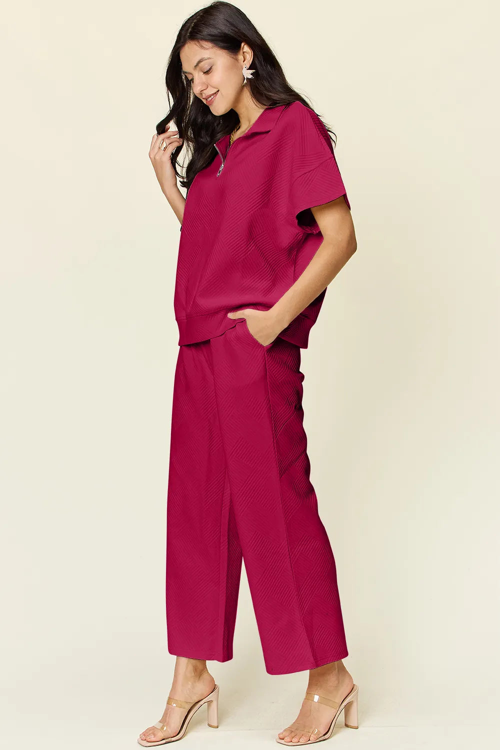 Double Take Full Size Texture Half Zip Short Sleeve Top and Pants Set - Modanista Fashion