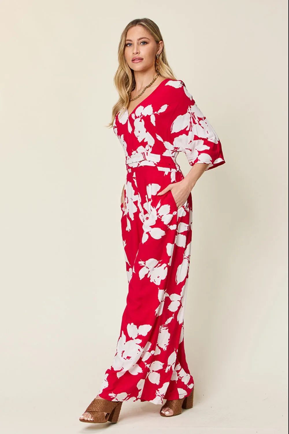 Double Take Full Size Printed Tie Back Wide Leg Jumpsuit - Modanista Fashion