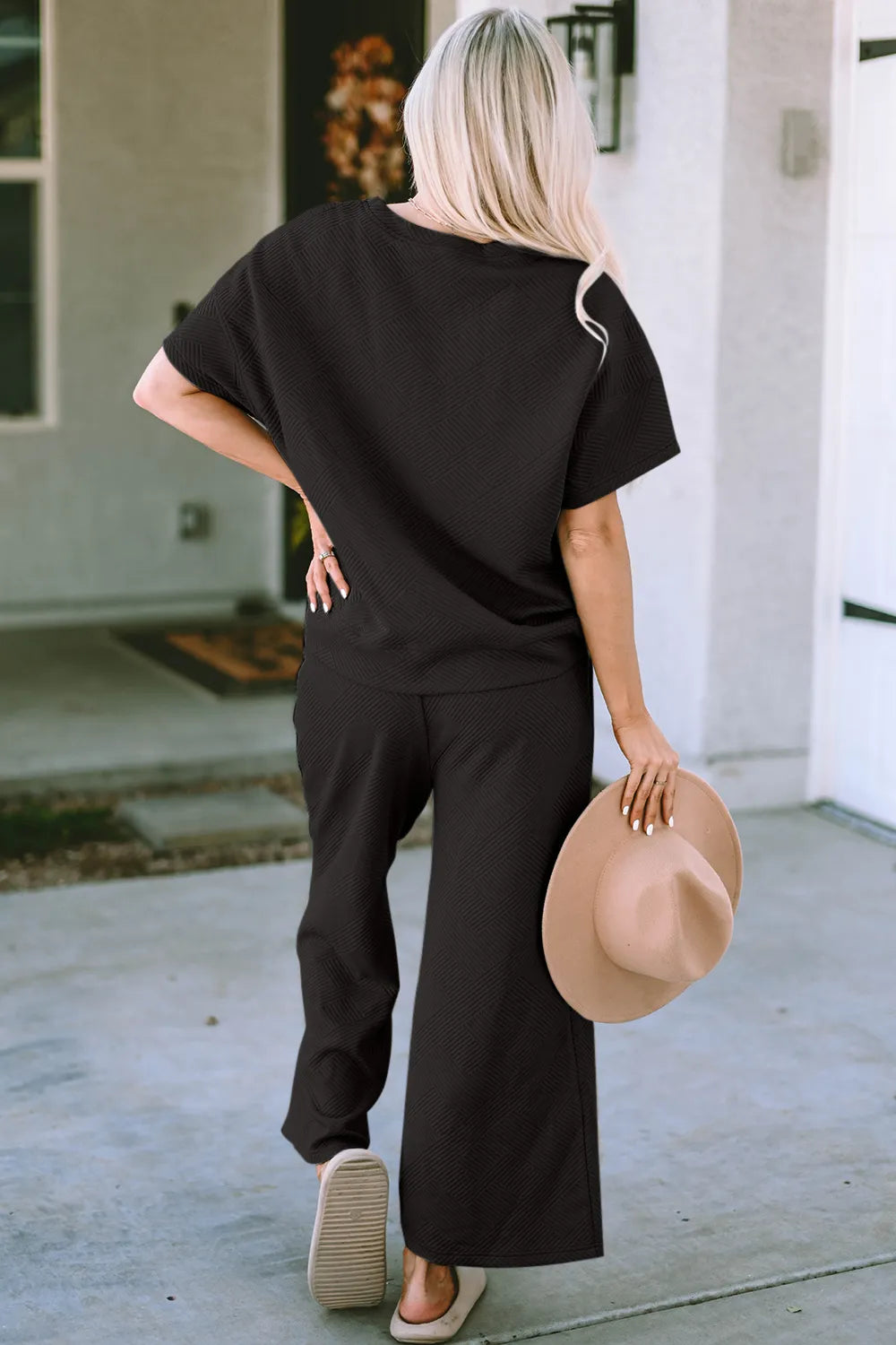 Double Take Full Size Texture Short Sleeve Top and Pants Set - Modanista Fashion