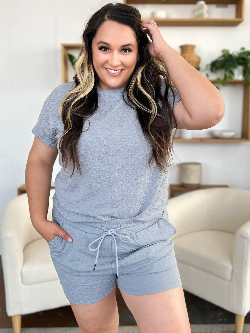 Double Take Full Size Texture Short Sleeve T-Shirt and Drawstring Shorts Set - Modanista Fashion