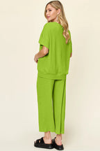 Double Take Full Size Texture Round Neck Short Sleeve T-Shirt and Wide Leg Pants - Modanista Fashion