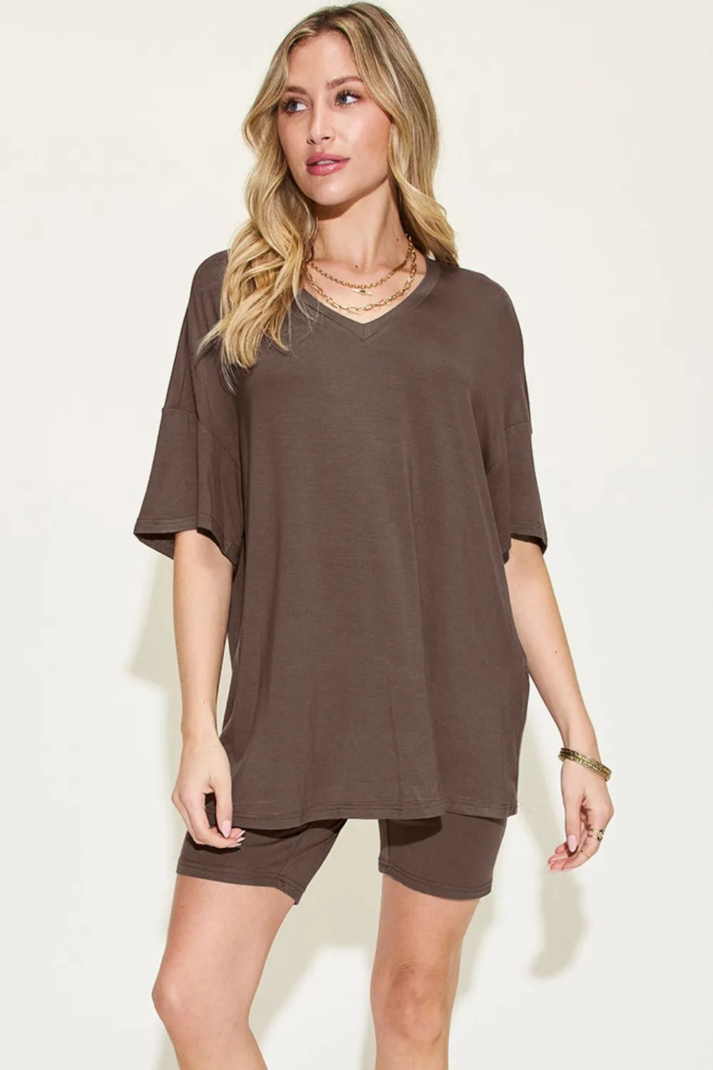 Basic Bae Full Size V-Neck Drop Shoulder T-Shirt and Shorts Set - Modanista Fashion