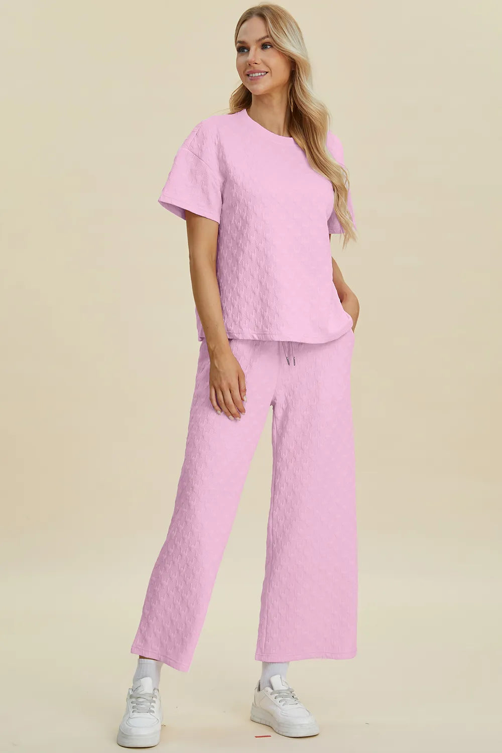 Double Take Full Size Texture Round Neck Short Sleeve Top and Pants Set - Modanista Fashion