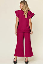 Double Take Texture Ruffle Short Sleeve Top and Drawstring Wide Leg Pants Set - Modanista Fashion