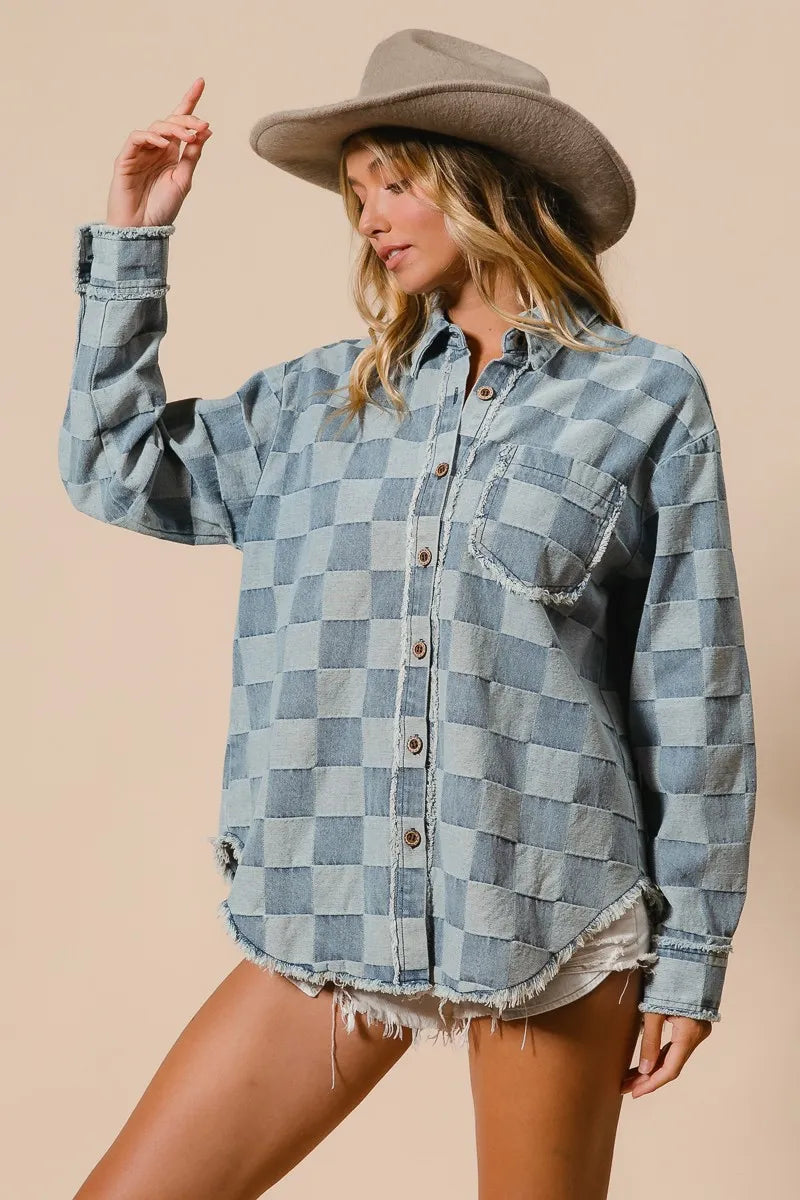 BiBi Frayed Edged Detail Washed Checker Denim Shirt - Modanista Fashion