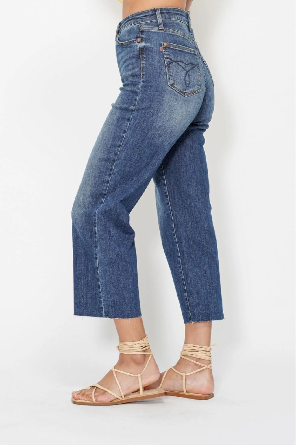 Judy Blue High Waist Back Pocket Embroidery Crop Wide Jeans - Modanista Fashion