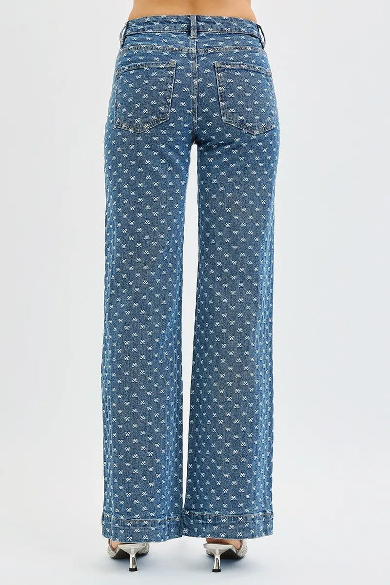 RISEN High Rise Wide Leg Bow Embroidered Jeans - Modanista Fashion