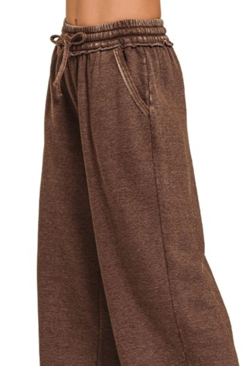 Zenana Acid Wash Fleece Palazzo Sweatpants with Pockets - Modanista Fashion