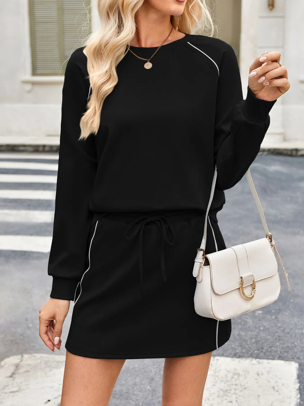 Round Neck Raglan Sleeve Top and Skort Set - Modanista Fashion