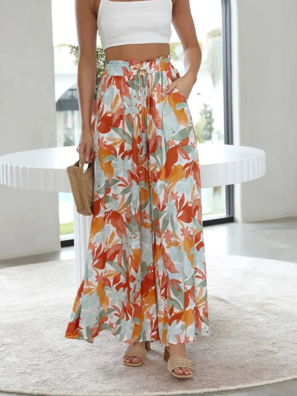 Drawstring Paperbag Waist Printed Wide Leg Pants - Modanista Fashion