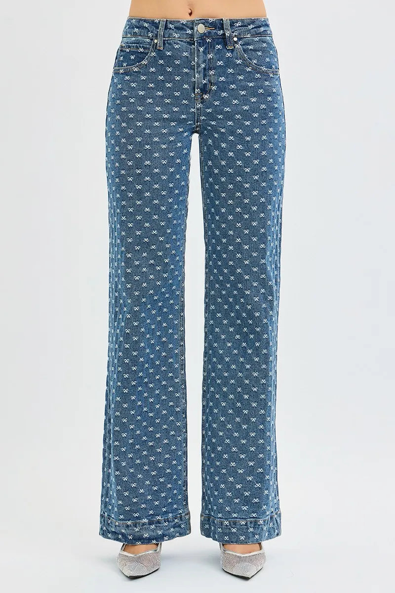 RISEN High Rise Wide Leg Bow Embroidered Jeans - Modanista Fashion