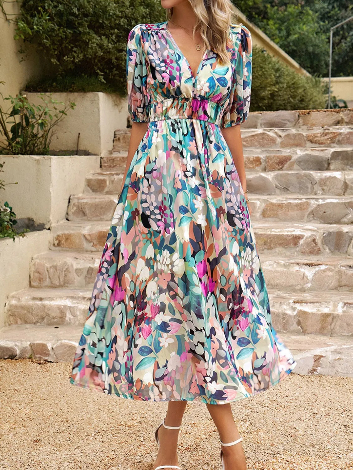 Printed Puff Sleeve Midi Dress - Modanista Fashion