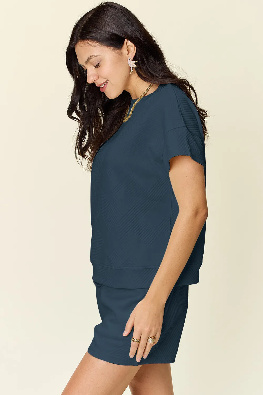 Double Take Full Size Texture Short Sleeve T-Shirt and Drawstring Shorts Set - Modanista Fashion