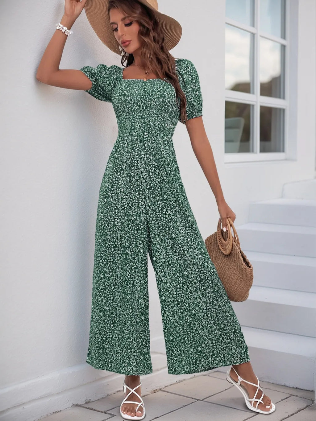 Printed Square Neck Puff Sleeve Jumpsuit - Modanista Fashion