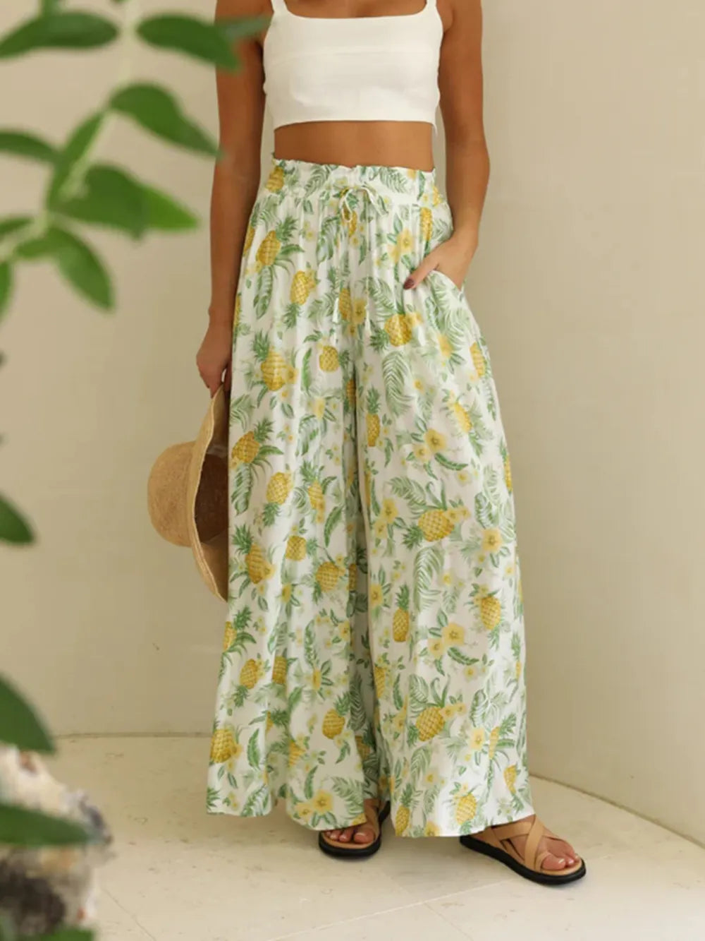 Drawstring Paperbag Waist Printed Wide Leg Pants - Modanista Fashion
