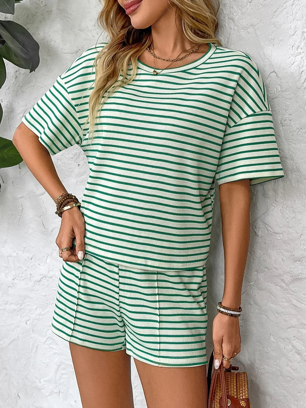 Striped Round Neck Short Sleeve Top and Shorts Set - Modanista Fashion