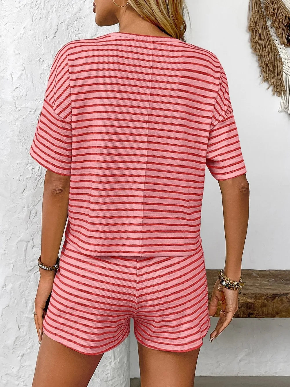 Striped Round Neck Short Sleeve Top and Shorts Set - Modanista Fashion