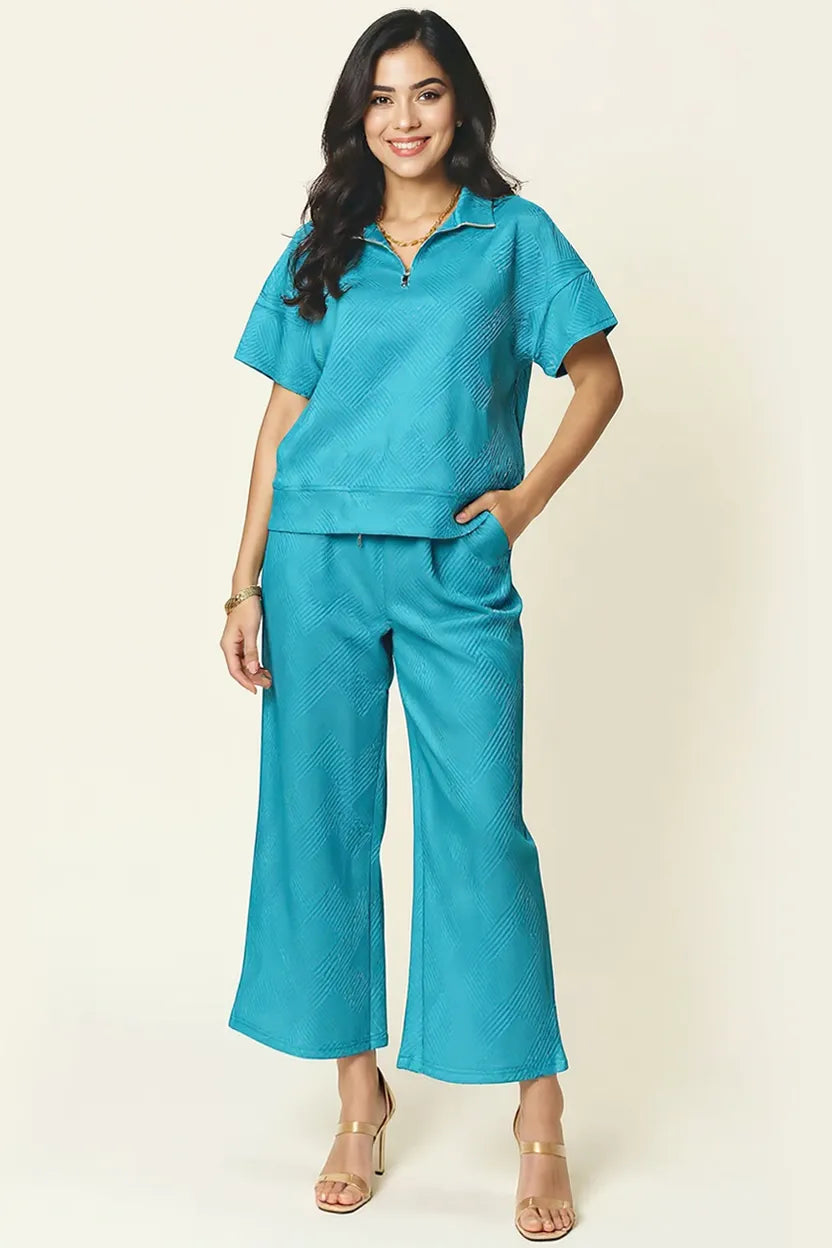 Double Take Full Size Texture Half Zip Short Sleeve Top and Pants Set - Modanista Fashion