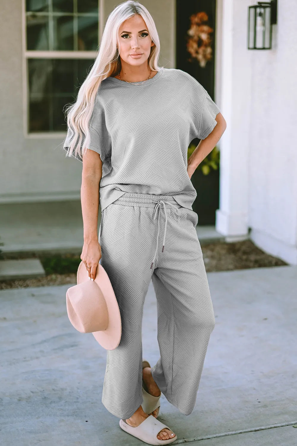 Double Take Full Size Texture Short Sleeve Top and Pants Set - Modanista Fashion