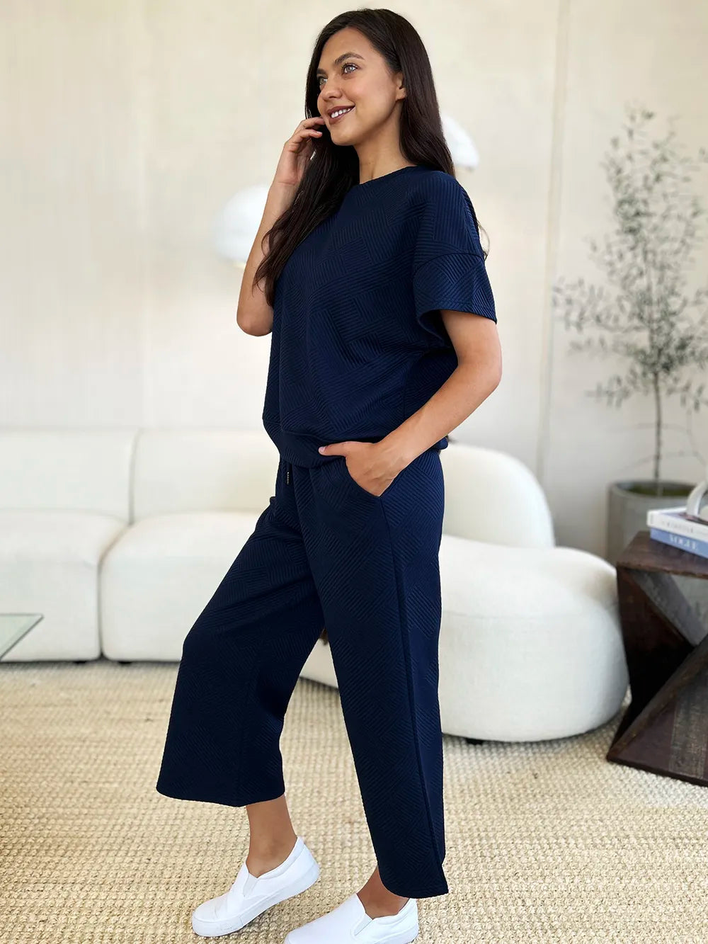 Double Take Full Size Texture Short Sleeve Top and Pants Set - Modanista Fashion
