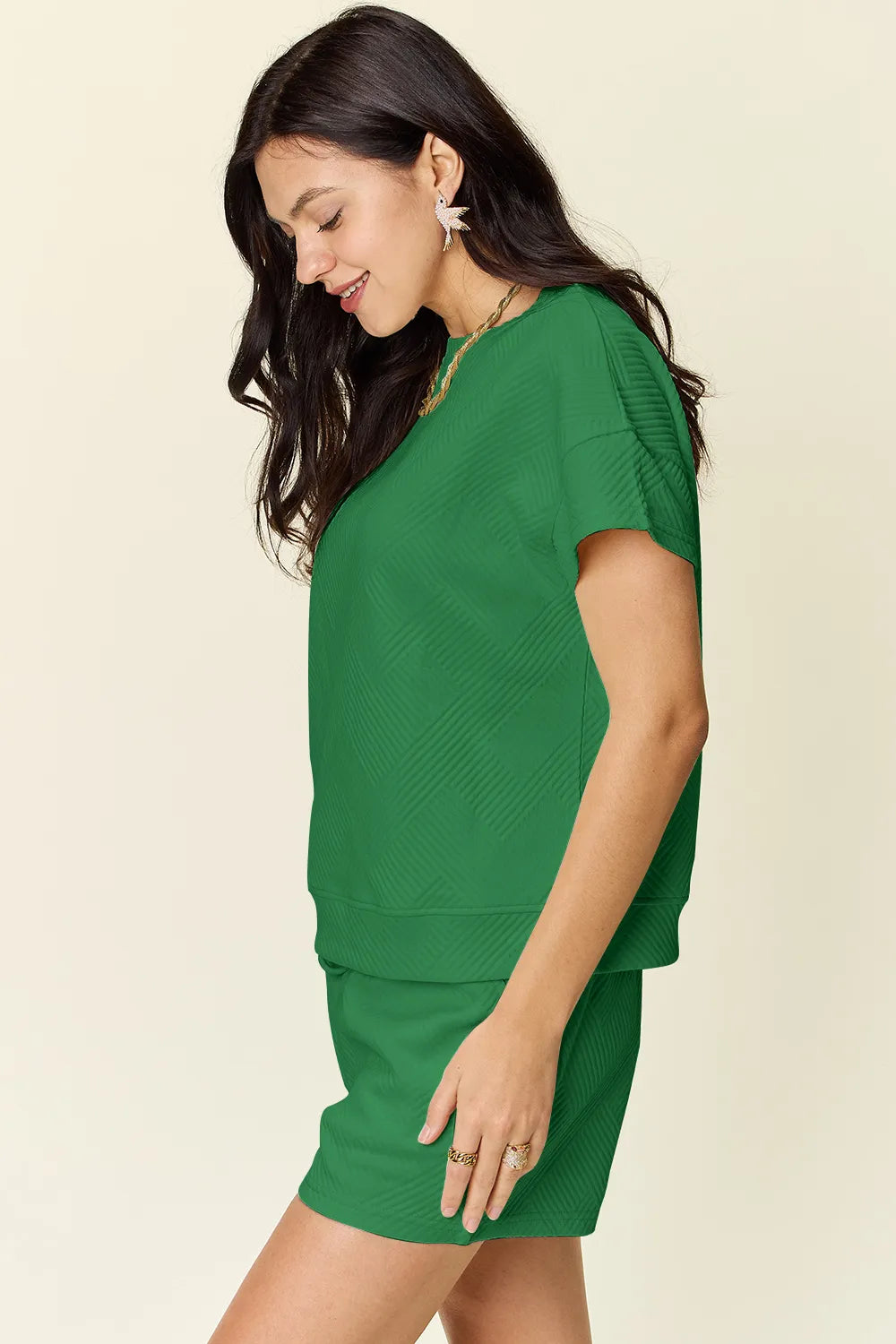Double Take Full Size Texture Short Sleeve T-Shirt and Drawstring Shorts Set - Modanista Fashion