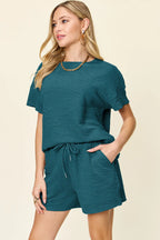 Double Take Full Size Texture Short Sleeve T-Shirt and Drawstring Shorts Set - Modanista Fashion