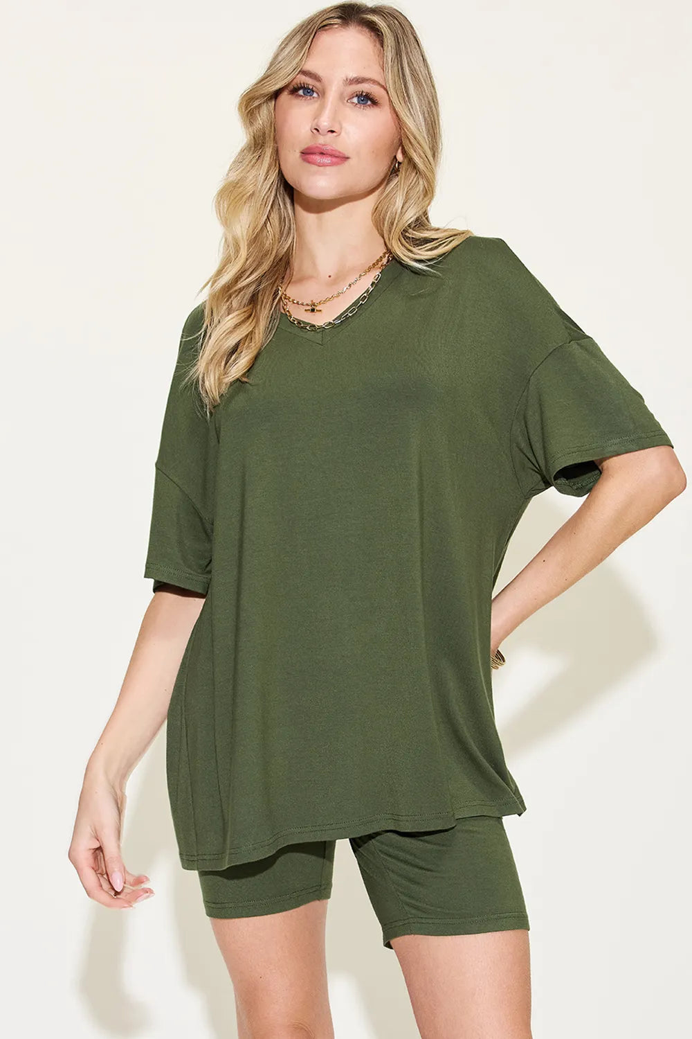 Basic Bae Full Size V-Neck Drop Shoulder T-Shirt and Shorts Set - Modanista Fashion