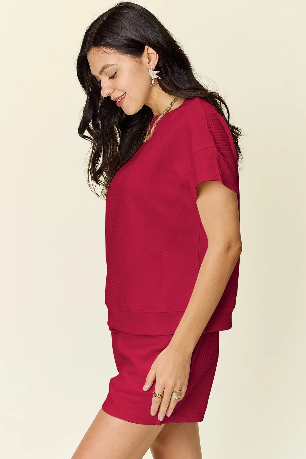 Double Take Full Size Texture Short Sleeve T-Shirt and Drawstring Shorts Set - Modanista Fashion