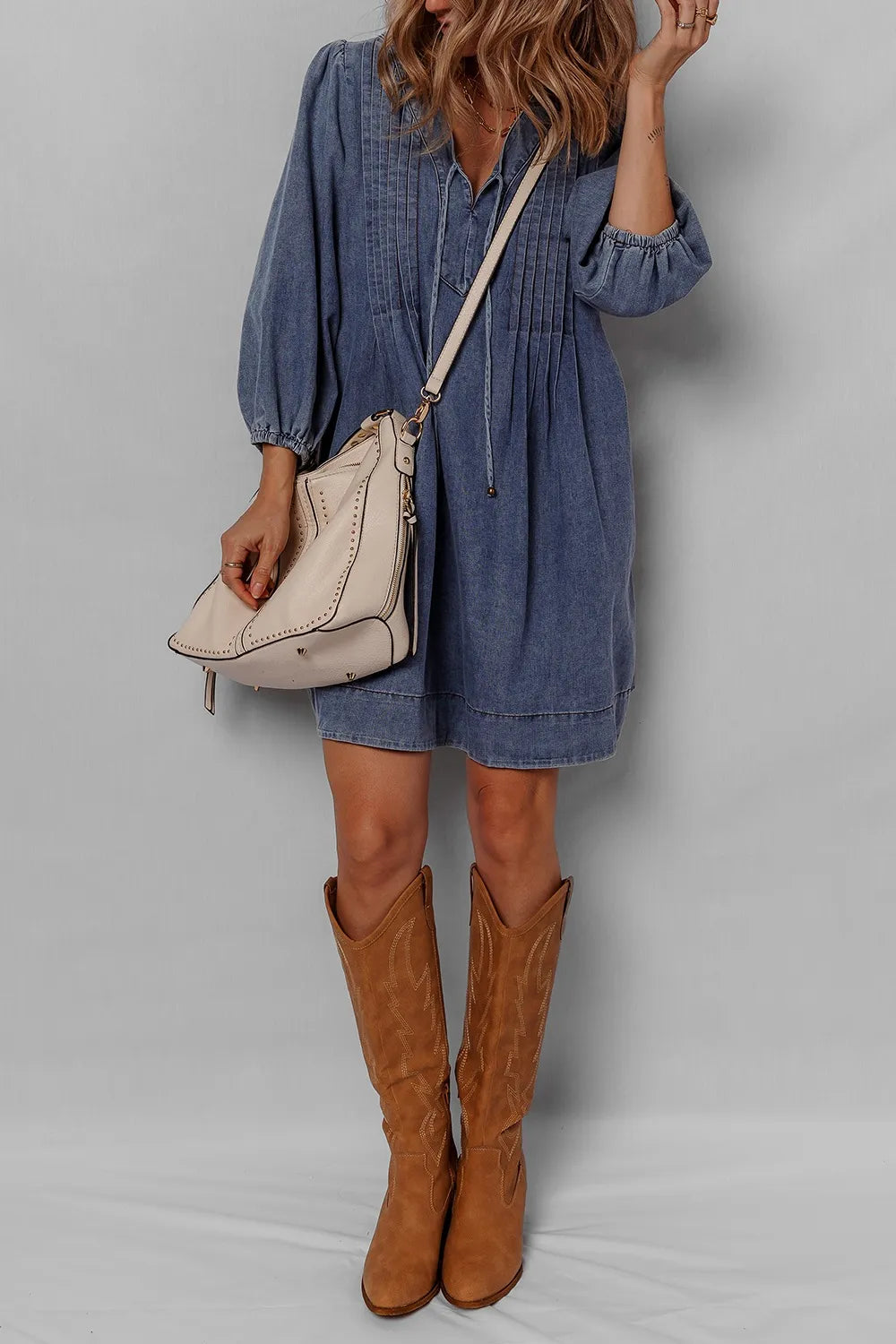 Tie Neck Long Sleeve Mini Denim Dress - Modanista Fashion