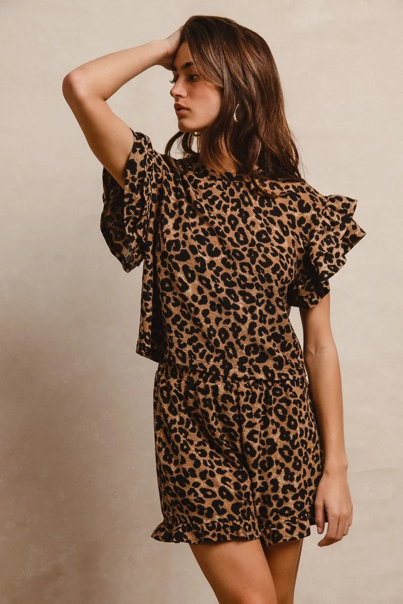 BiBi Leopard Print Waffle Texture Layered Ruffle Sleeve Top and Shorts Set - Modanista Fashion