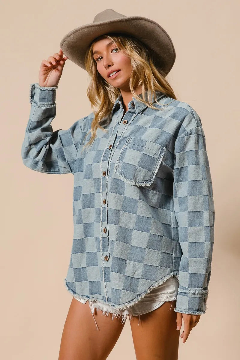 BiBi Frayed Edged Detail Washed Checker Denim Shirt - Modanista Fashion
