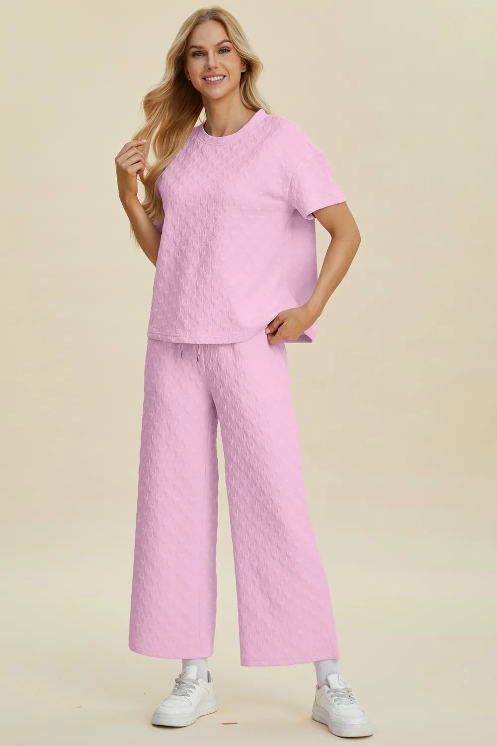 Double Take Full Size Texture Round Neck Short Sleeve Top and Pants Set - Modanista Fashion
