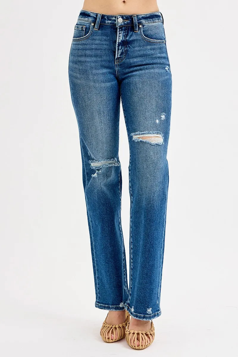 RISEN Full Size Tummy Control High Rise Straight Distressed Jeans Plus Size - Modanista Fashion