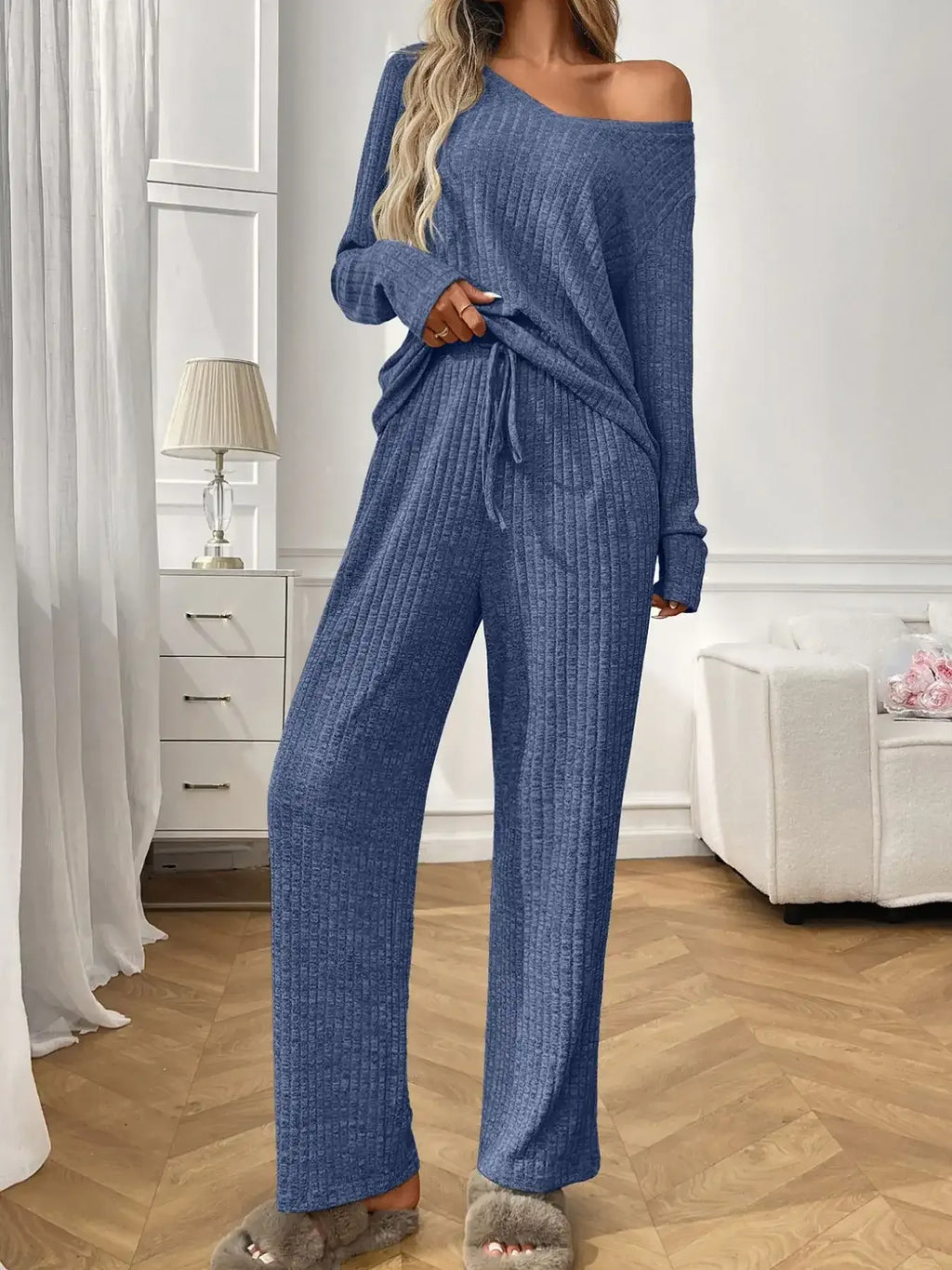 Ribbed Long Sleeve Top and Pants Lounge Set - Modanista Fashion