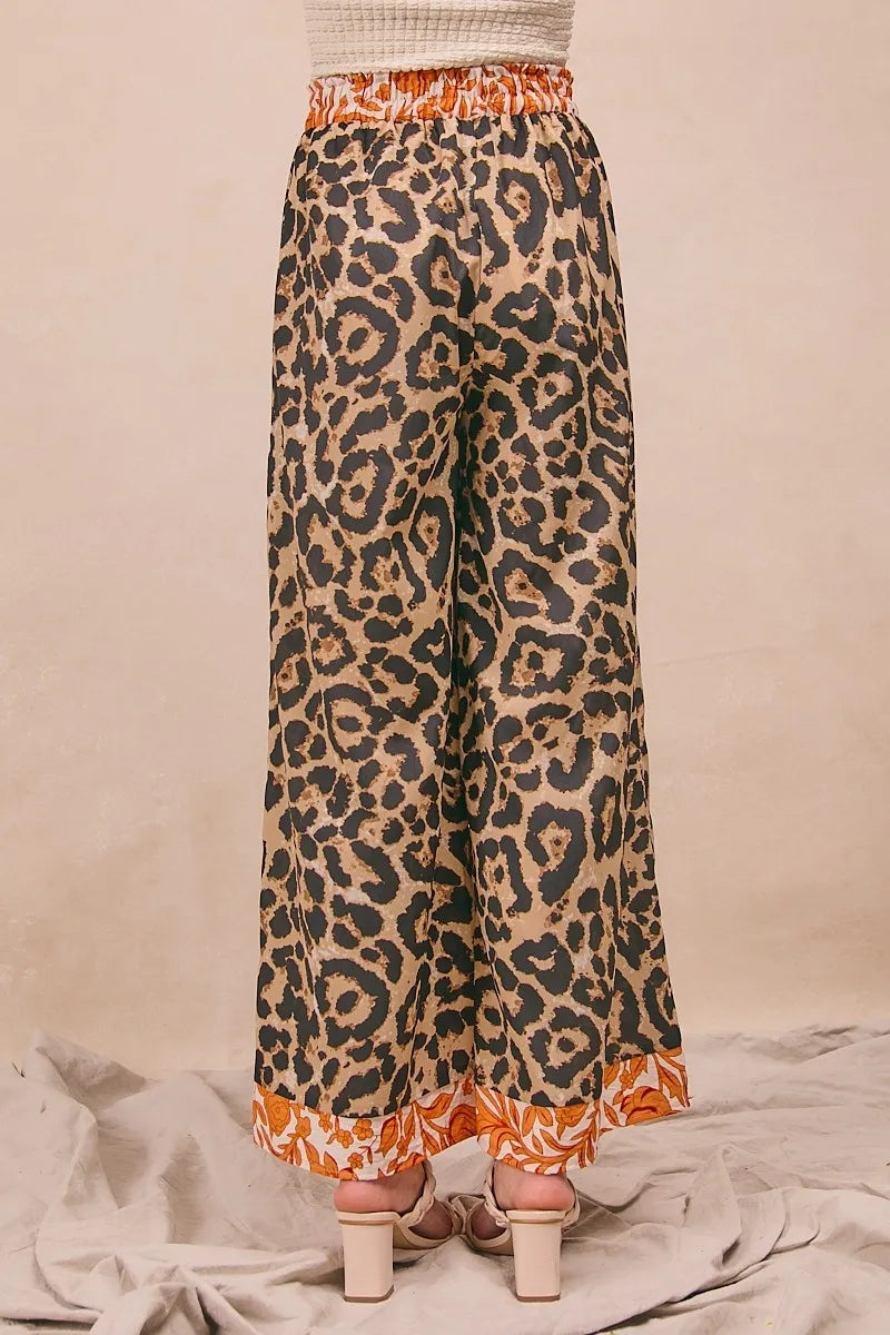 BiBi Leopard Print With Contrast Banded Wide Pants - Modanista Fashion