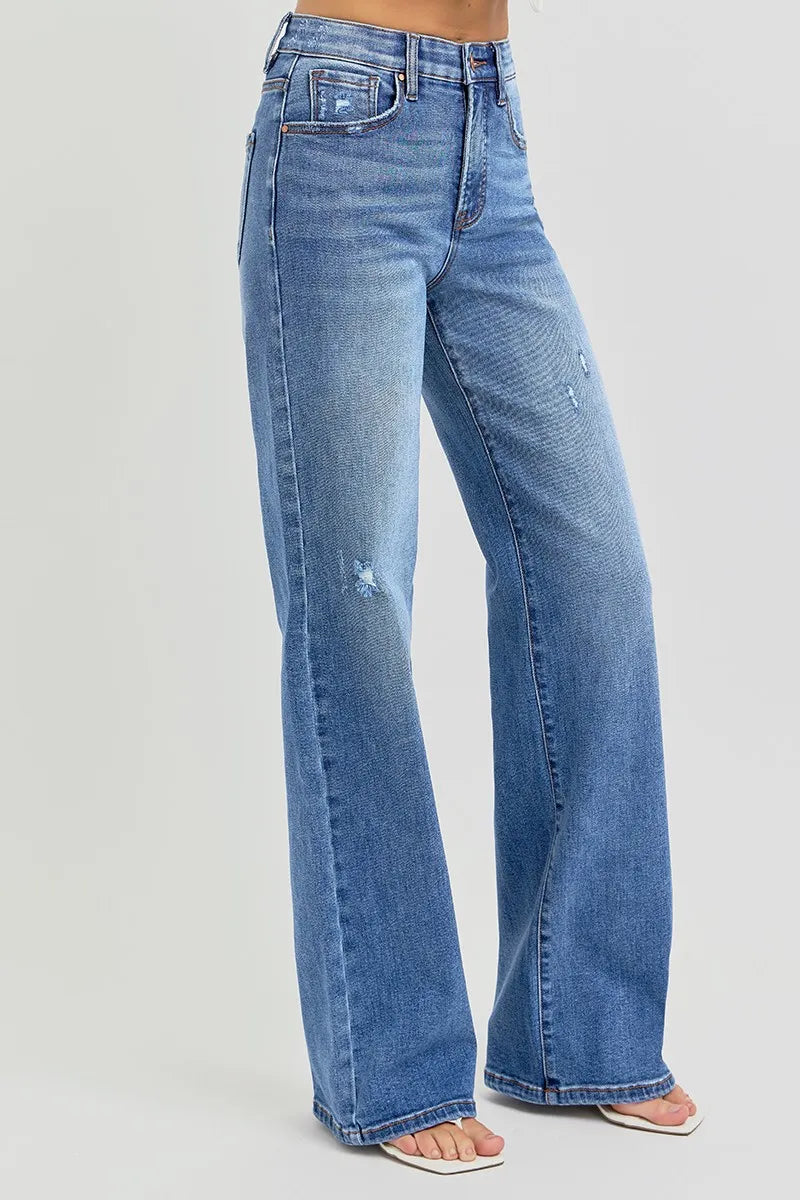 RISEN Full Size Tummy Control Elastic Band High Rise Wide Jeans Plus Size - Modanista Fashion