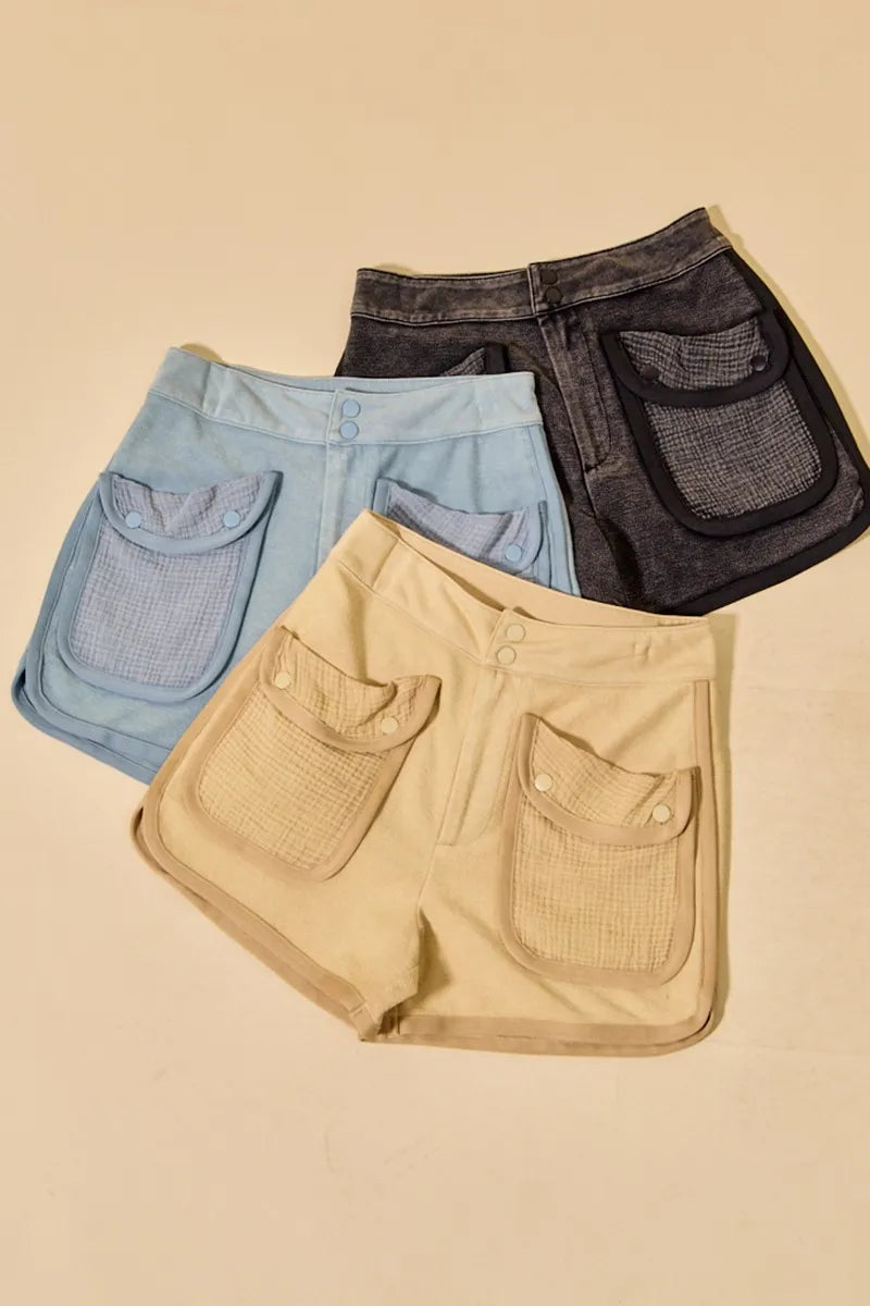 SO ME Mineral Washed Terry High Rise Cargo Shorts - Modanista Fashion