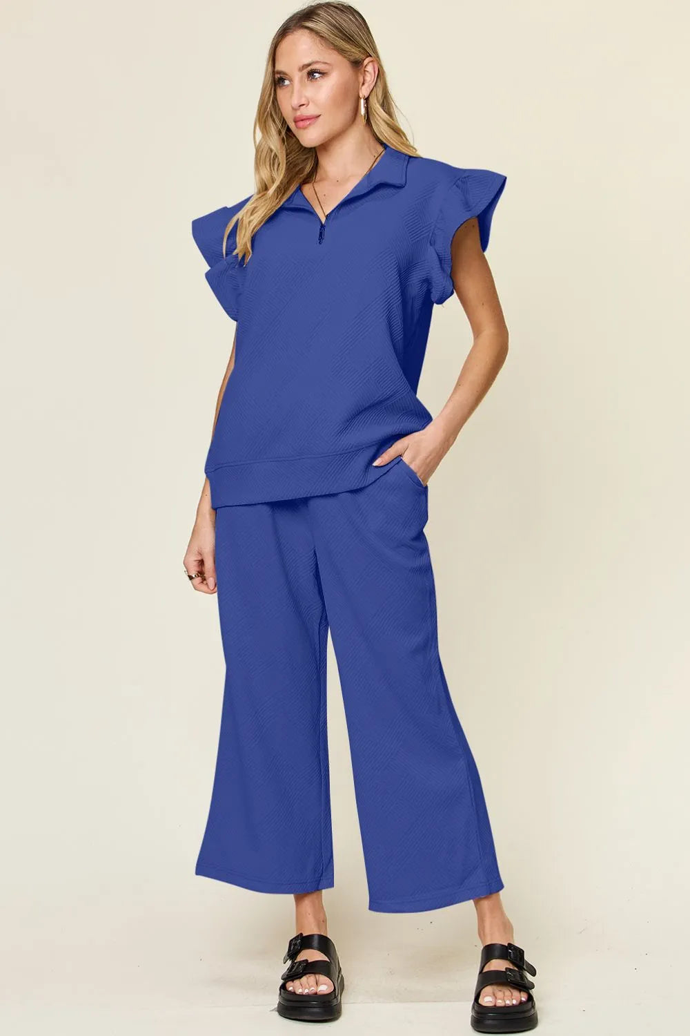 Double Take Texture Ruffle Short Sleeve Top and Drawstring Wide Leg Pants Set - Modanista Fashion