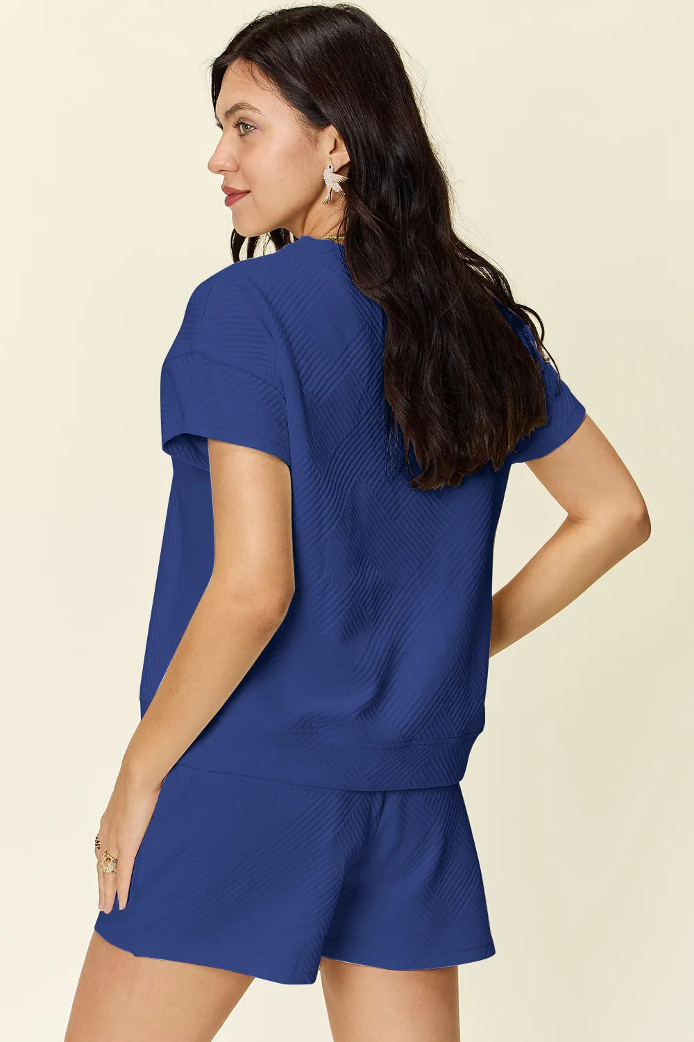 Double Take Full Size Texture Short Sleeve T-Shirt and Drawstring Shorts Set - Modanista Fashion