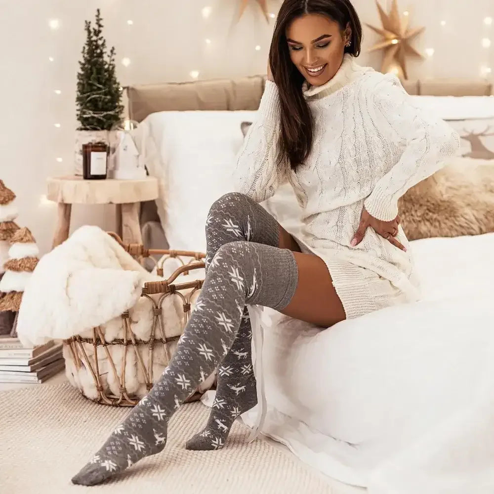 Christmas Element Bowknot Ribbed Trim Over Knee Stockings - Modanista Fashion