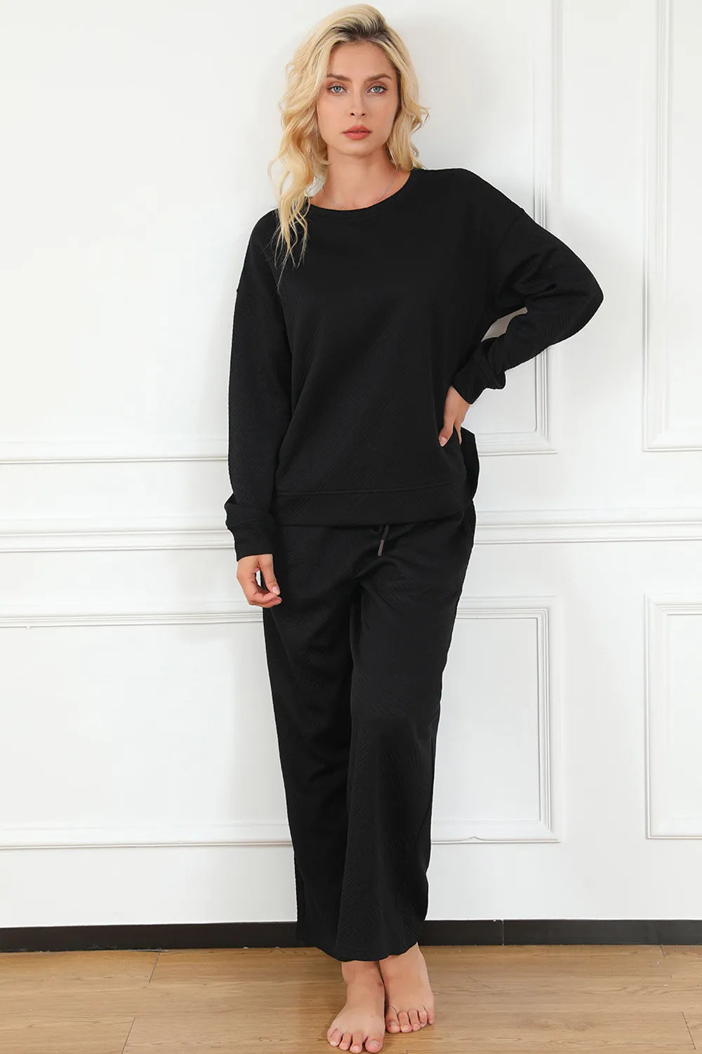 Double Take Full Size Textured Long Sleeve Top and Drawstring Pants Set - Modanista Fashion