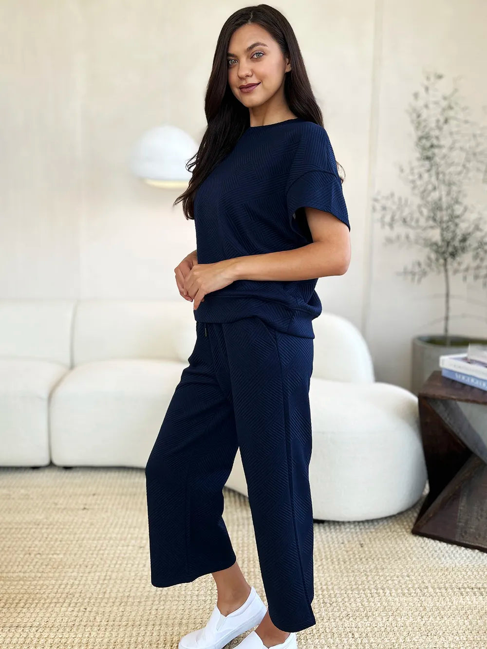 Double Take Full Size Texture Short Sleeve Top and Pants Set - Modanista Fashion