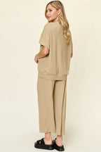 Double Take Full Size Texture Round Neck Short Sleeve T-Shirt and Wide Leg Pants - Modanista Fashion